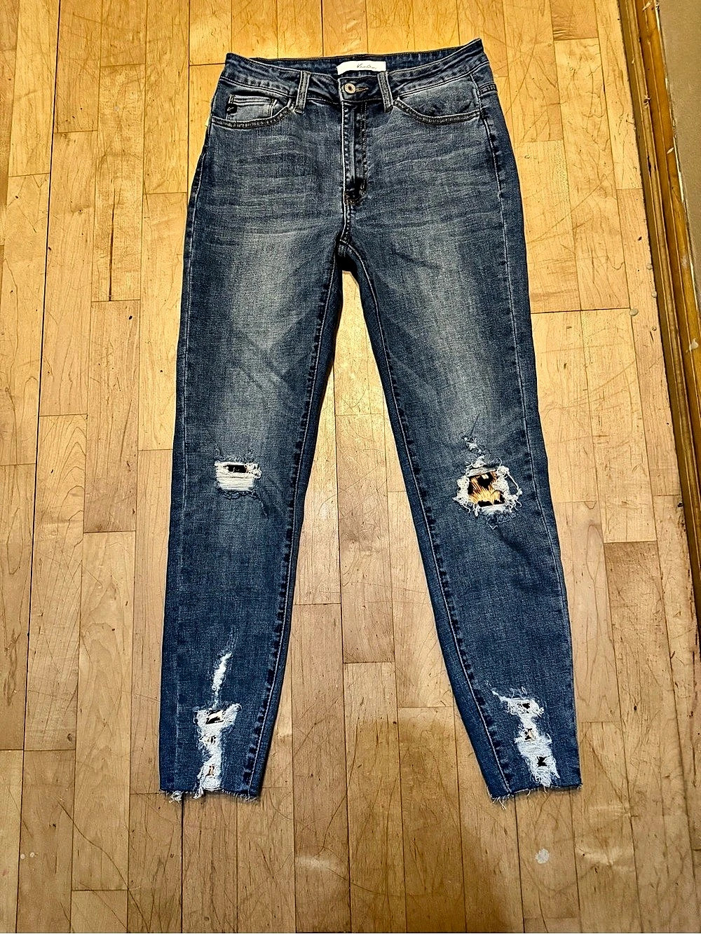 KanCan Mid Rise Ripped Leopard Patch Skinny Jeans Distressed Skinny Jeans in